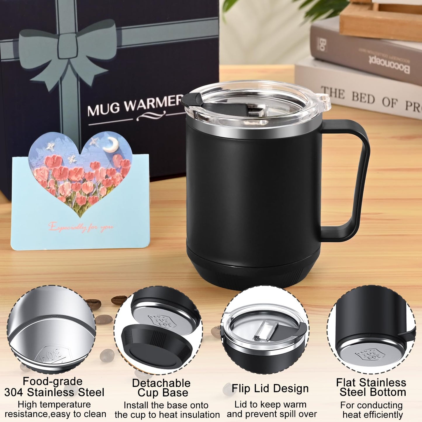 Waipfaru Coffee Warmer & Mug Set for Desk, Heated Cup With Auto Shut Off, Electric Self Heating & 3 Temperature Control Smart Mug for Office, Home and Travel, Black