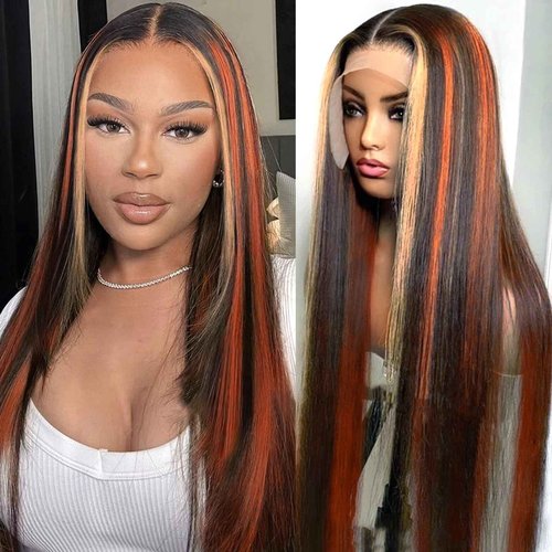 Ginger Blonde Highlight Lace Front Wigs Human Hair Skunk Stripe 13x4 Lace Frontal Wig Straight Black Ginger and Blonde Ombre Colored Wigs Glueluess Human Hair 18 Inch 180% Density Pre Plucked