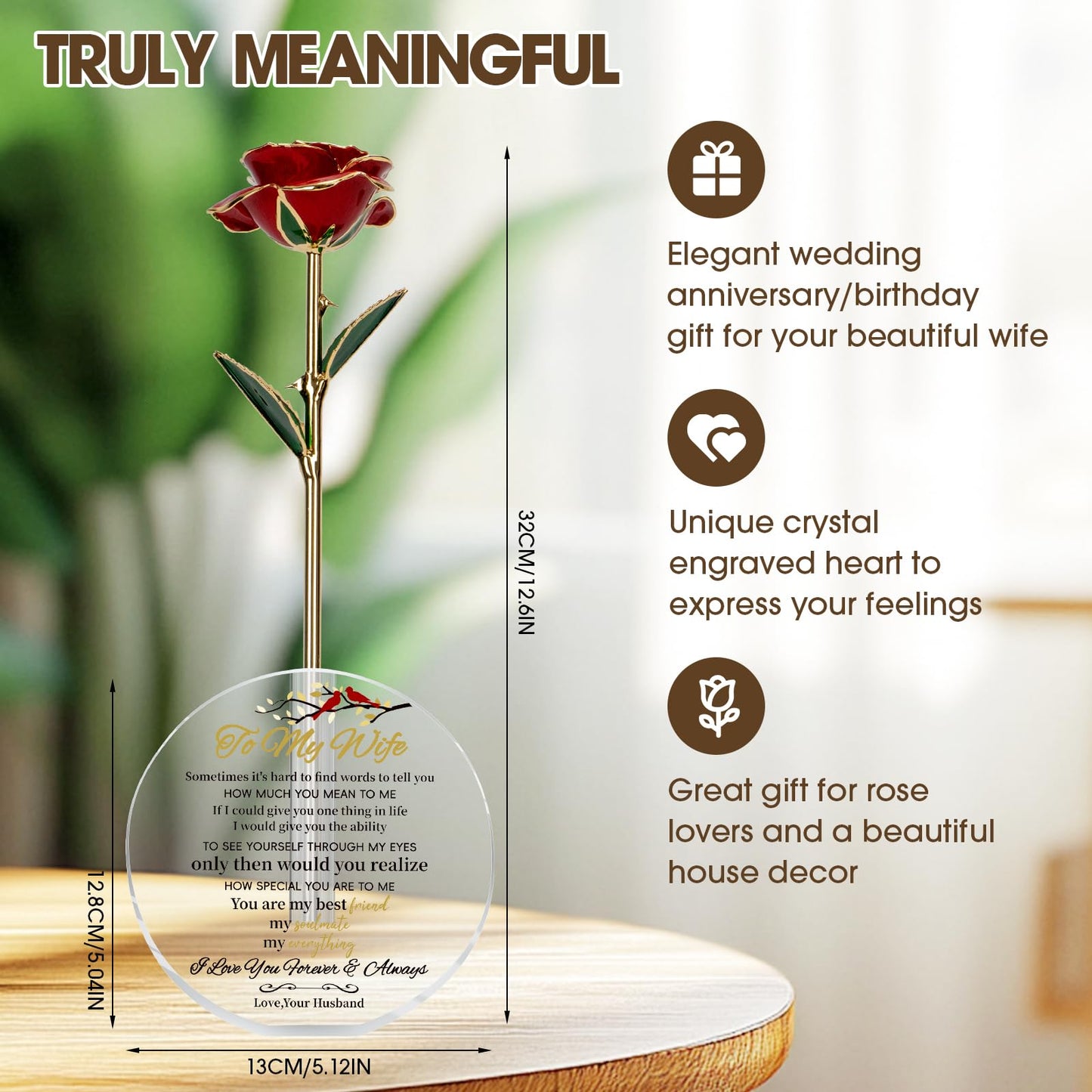 EVA murmure To My Beautiful Wife Women Engraved Wooden Gift Set Includes Crystal Base 24K Gold Dipped Rose for Birthday Gifts & Anniversary