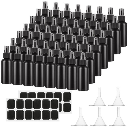 ABuff 60 Pack 2oz Plastic Spray Bottles Small Empty Fine Mist Spray Bottle Black Bottles for Essential Oils, Bath, Beauty, Hair & Cleaning, Small SprayBottles for Travel, With 5 Funnels
