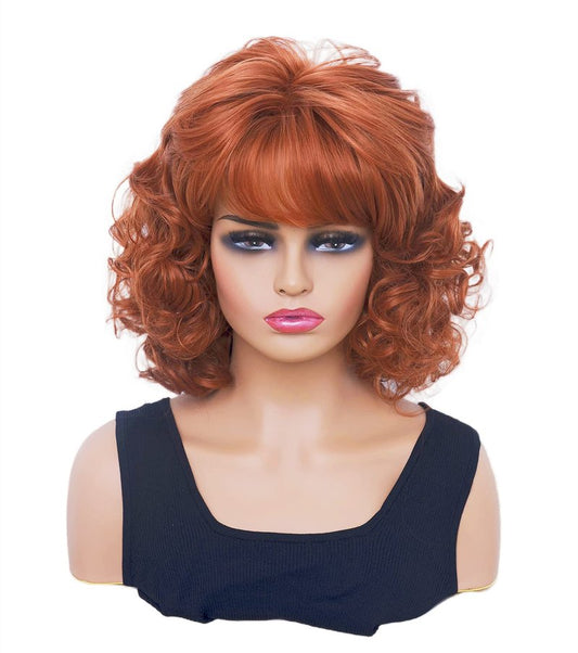 Gerulyss Short Copper Red Wigs for Women Auburn Wavy Shoulder Length Wig with Bangs Synthetic Ginger Curly Natural Wig for Role Play,Halloween,Daily Use