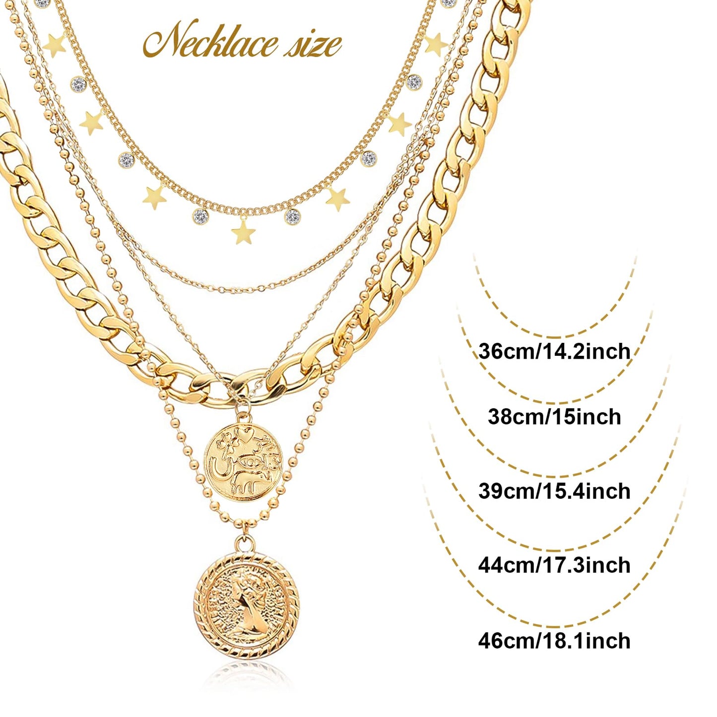 MJartoria Gold Layered Necklaces for Women Trendy Retro Coin Pendant Necklace Dainty Chunky Chain Choker Necklaces for Jewelry Birthday Gifts (Gold, D-Star+Coin-4PCS)