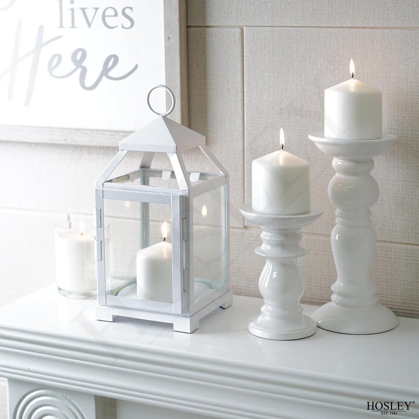 Hosley Set of 2 Clear Glass and Iron White Color Farmhouse Classic Style Lantern 12 Inch High Ideal Gift for Weddings Bridals Special Occasions Parties Aromatherapy and Spa Settings O4