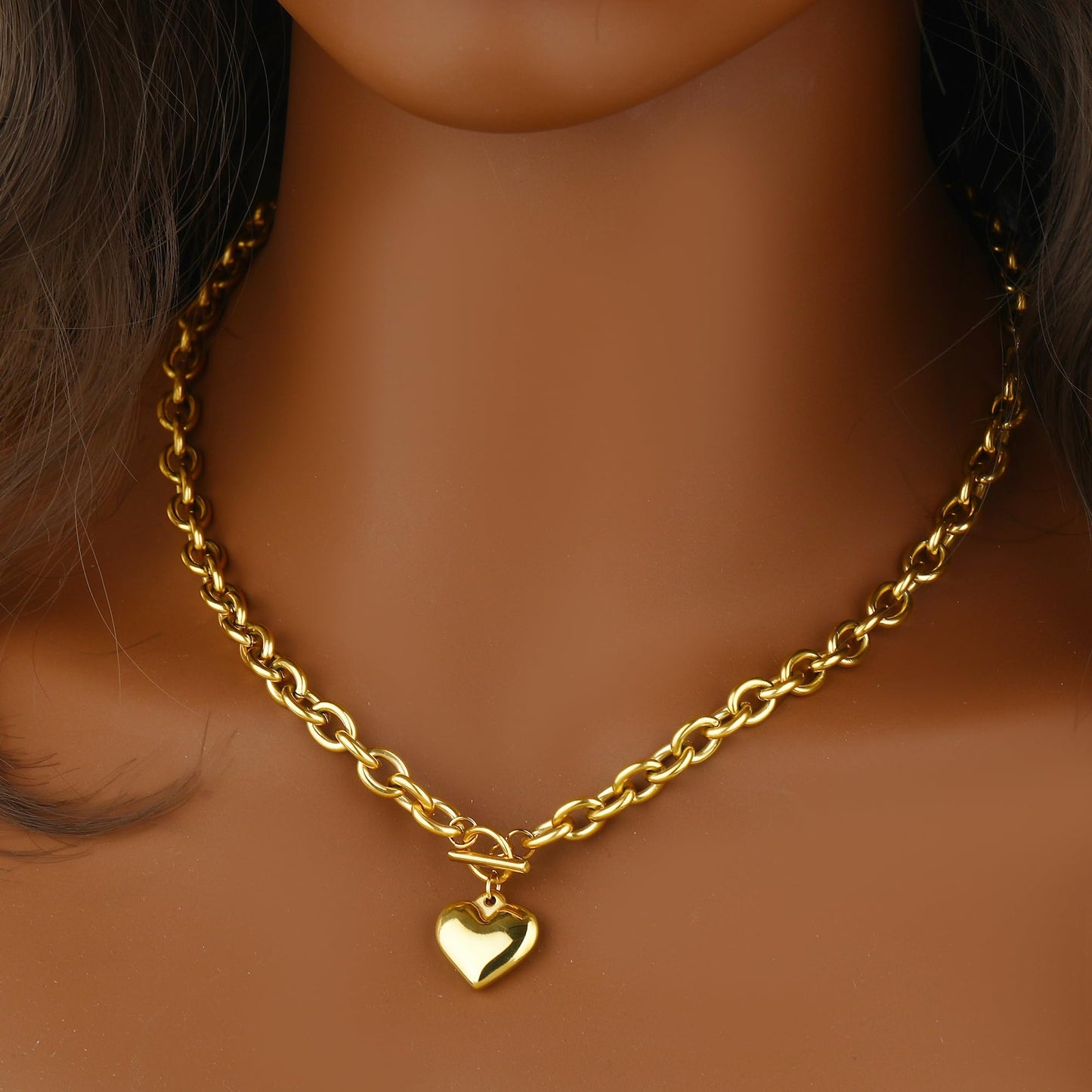 BONJOULRY Chunky Gold Heart Necklace for Women, 18K Waterproof Heart Necklace Statement Necklace Gold Charm Necklace Chunky Jewelry Valentine's Day Gift for Women (OT Chunky Chain Heart)