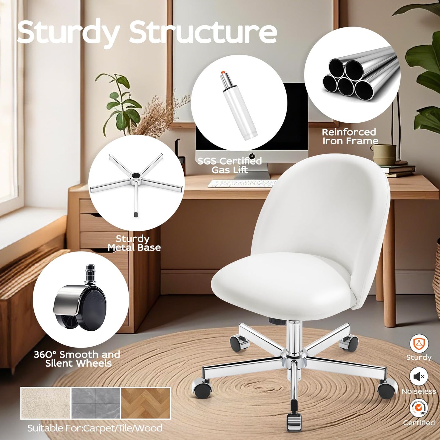 Morkprism Vanity Chair with Back,Armless Desk Chair Cute Small Office Chair,Leather Computer Chair with Adjustable Height,120°Tilting,Rolling,Swivel for Vanity,Kids Room,Office,Bedroom Pearl White