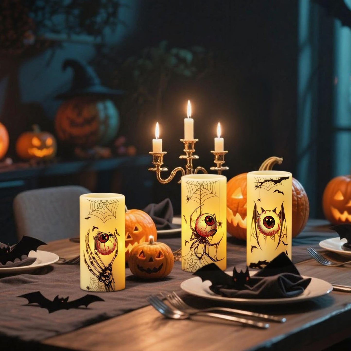 DRomance Halloween Flameless Flickering Candles Battery Operated with Timer, 3 Pack Real Wax LED Pillar Candles Spooky Bloody Eyes Spider Decals Dinner Halloween Decorations Indoor(3" D x 6"" H)"