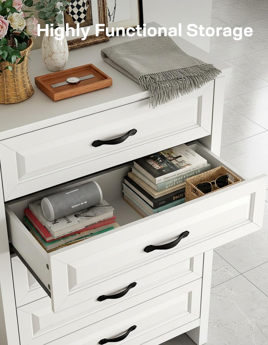 Marsail Farmhouse 5 Drawer Dresser, Wood Chest of Drawers with Natural Texture, Smooth Gliding Drawers, Versatile Storage Organizer Cabinet for Bedroom & Living Room, White