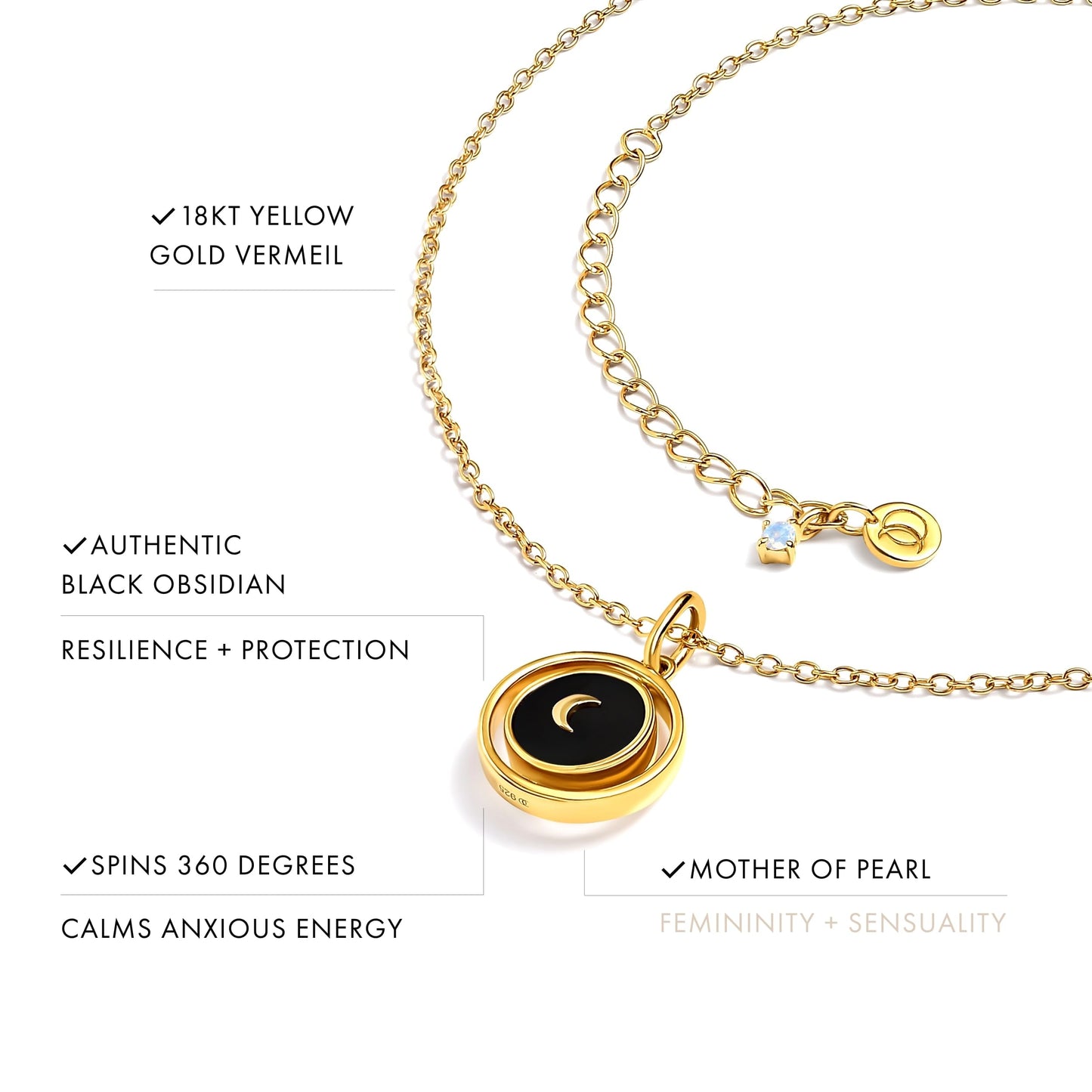 Moon Magic - Authentic Moonstone Necklace for Women | Pearl, Onyx, Black Obsidian Necklaces | Real 925 Sterling Silver/18k Rose Yellow Gold Crystal Necklace for Women | Genuine Gemstone Jewelry