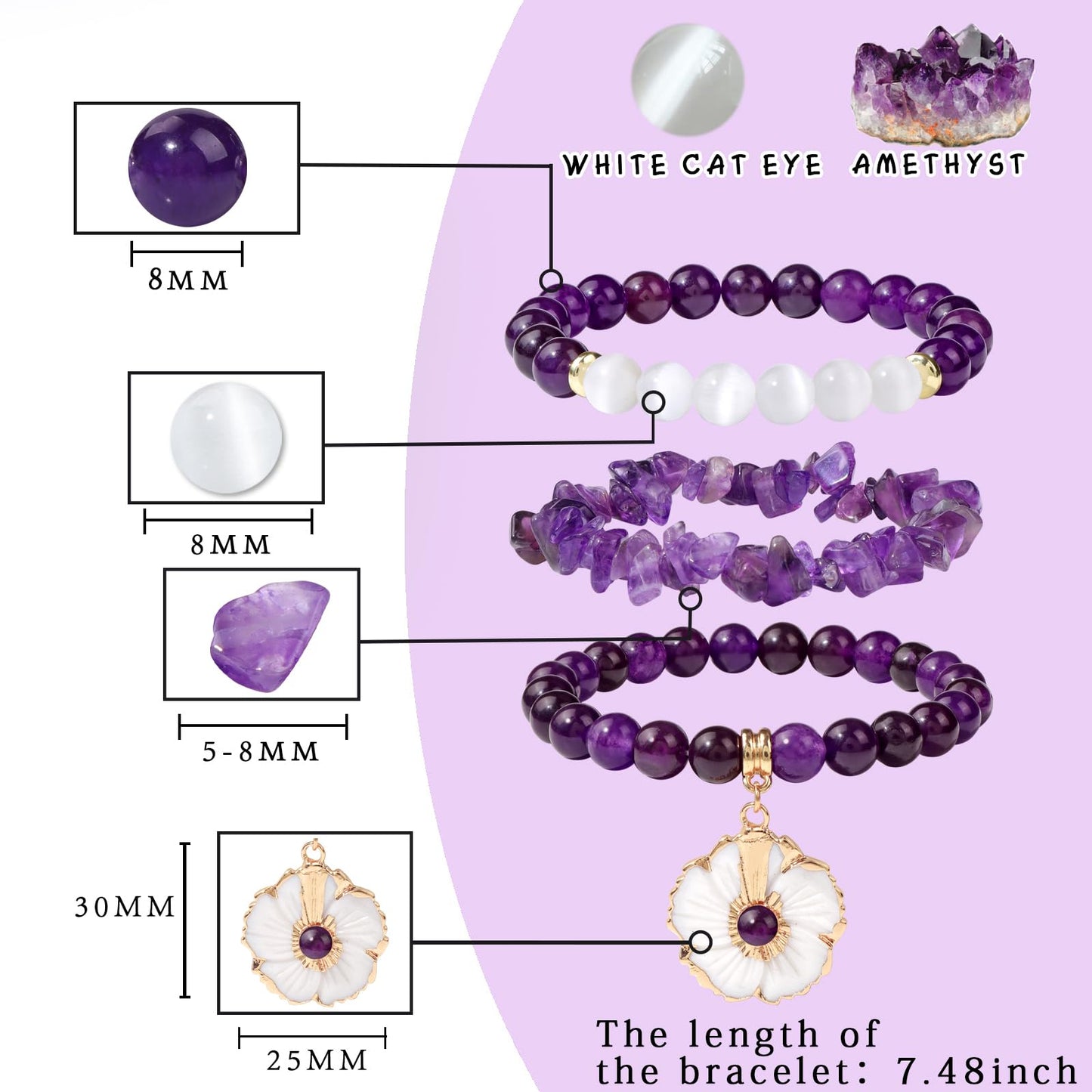 Vinswet Healing Crystal Beaded Bracelets for Women,Natural Amethyst Gemstones Bracelet,Anxiety Stress Relief Heart Charm Bracelet Handmade purple Jewelry Gifts for Women (Amethyst&Flower)
