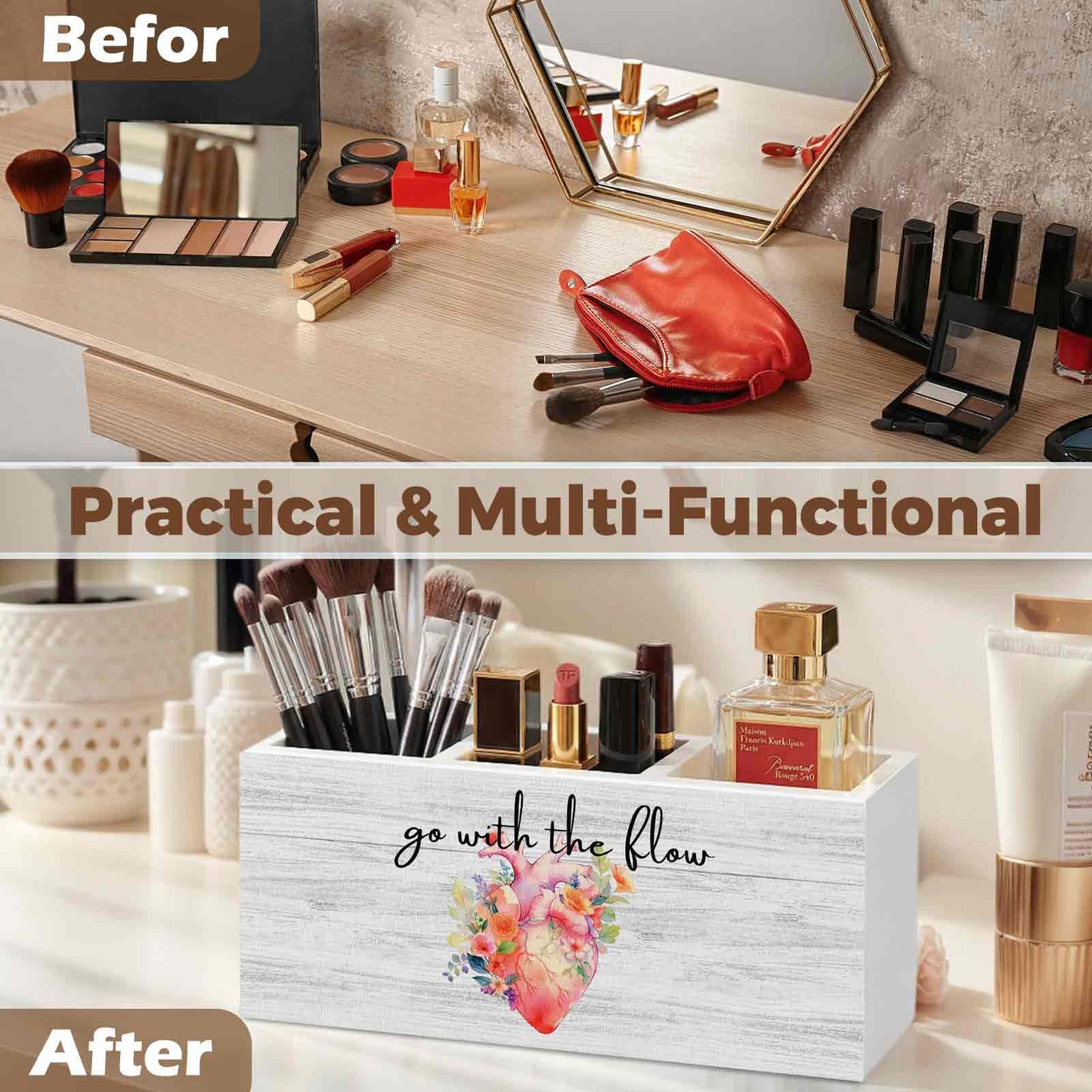 XINCEYWJ Nurse Office Pencil Pen Holder for Desk Organizer, Nurse Appreciation Gifts, Nursing Week Gifts, Go with the Flow Flower Heart Wooden Box Decorations for Office Desk Tabletop Decor