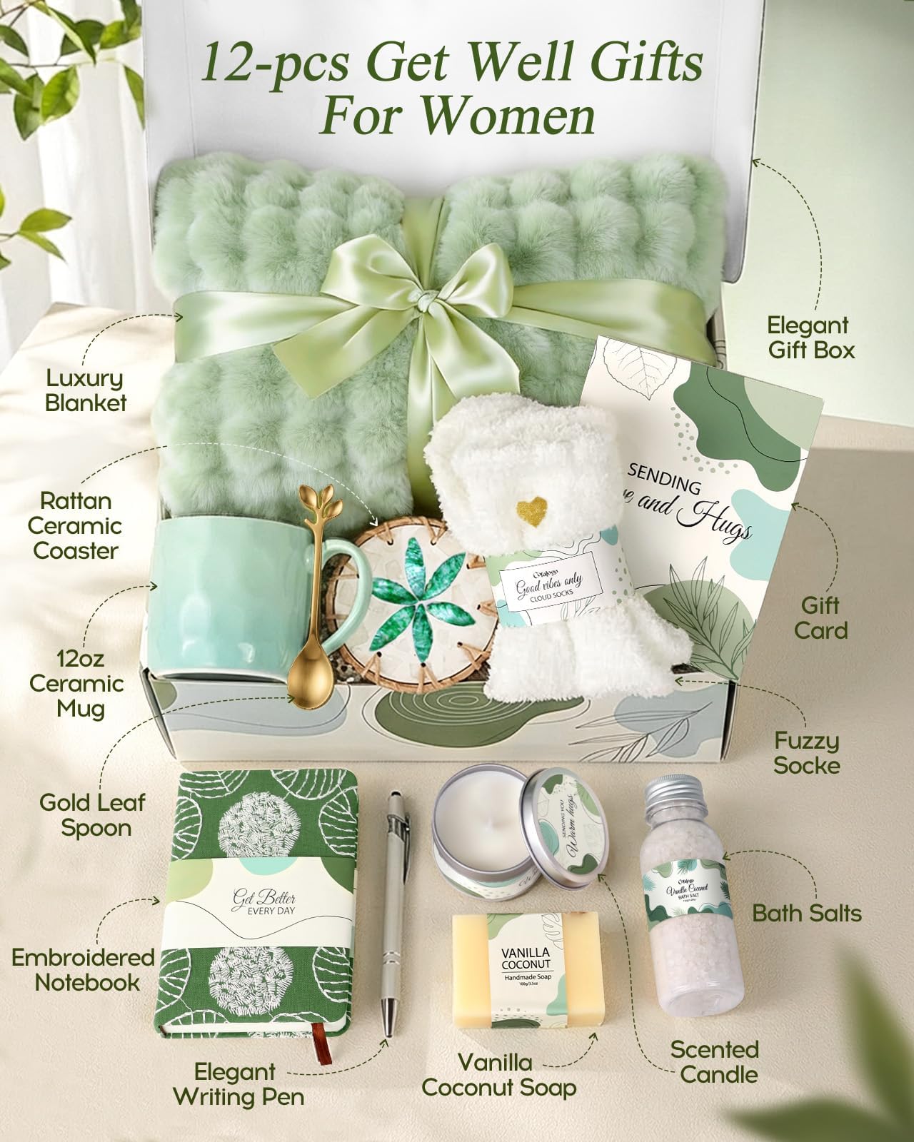 Coralogo Get Well Soon Gift Baskets - Mothers Day Gift Basket, Hug In a Box with Blanket, Thoughtful Self Care Gifts for Get Well Sympathy Relaxation Birthday Thinking of You, Spa Kit For Women