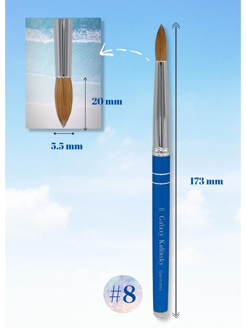 Galaxy kolinsky Acrylic Nail Brush Pure Kolinsky Hair Round Shape Blue Metal handle (Size 8)