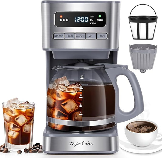Taylor Swoden Programmable Coffee Makers 12 Cup, Hot and Iced Coffee Maker, 4 Brew Strength, LED Display, 24H Timer, Keep Warm&Auto Shutoff- Drip Coffee Machine for Home/Office, Gray & Stainless Steel