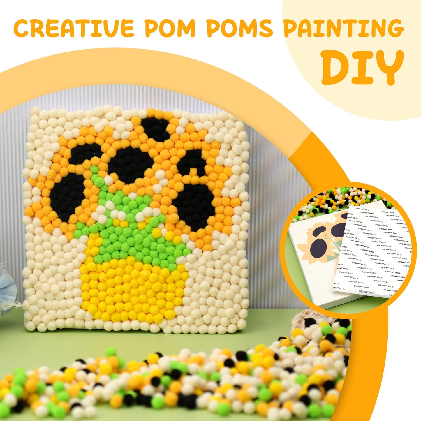 Veroave Pom Pom Painting Art Kit for Adults, Perfect Pompom Painting Kit, Colorful Pom Poms and Supplies Included, Pom Pom Paintings on Paint Canvas(Sunflower)