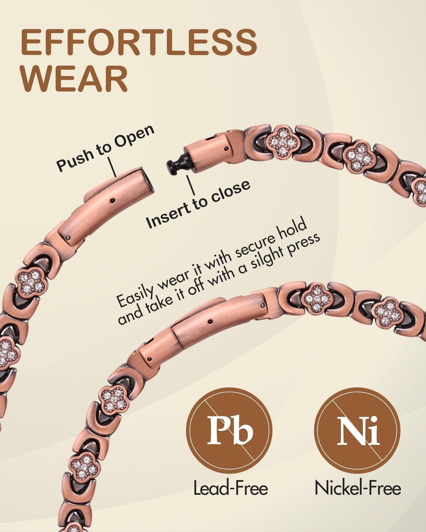 Feraco Copper Necklace & Bracelet for Women, 99.99% Pure Copper Magnetic Chains with 3500 Gauss Ultra Strength Neodymium Magnets & Sparkling Cubic Zirconia, Adjustable CloverJewelry Gift