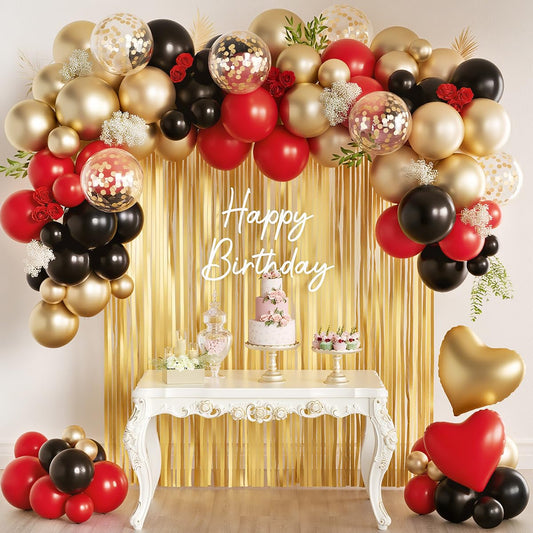 157Pcs Red Black Gold Balloons Garland Arch Kit with Glitter Fringe Curtain Backdrop for Adults Masquerade Halloween New Year Eve Casino Birthday Party Decorations