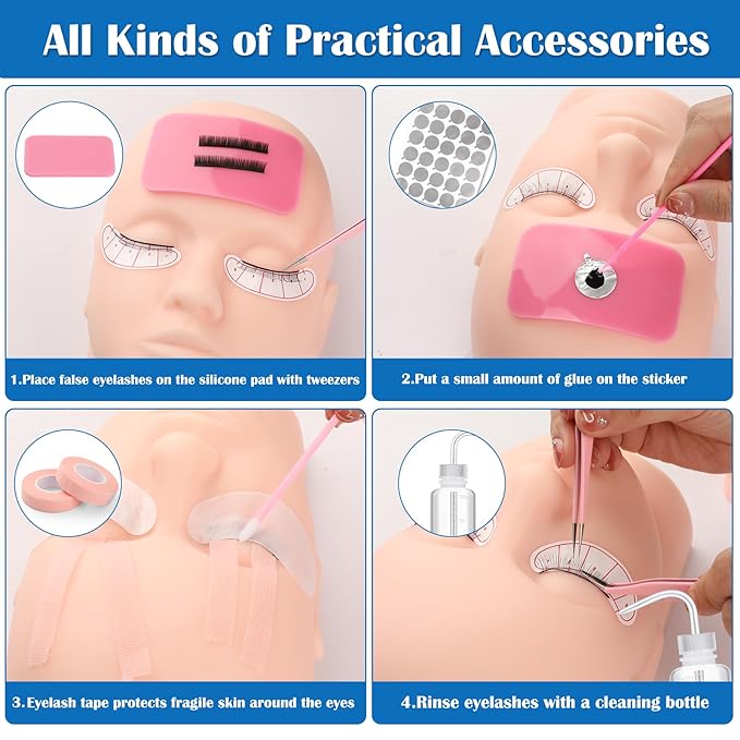 Eyelash Extension Kit for Beginners, Professional Lash Extension Kit with Mannequin Head, Lash Starter Kit with Lash Fan, Lash Extension Supplies for Practice Training Kit