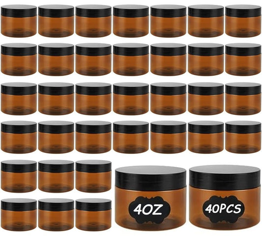 GBACHOOSE 40PCS Amber Plastic Container Jars with Lids and Labels, 4oz Empty Small Round Brown Cosmetic Containers, Leak Proof Container for Lotion, Cream, Powder, Gel and Beauty Products