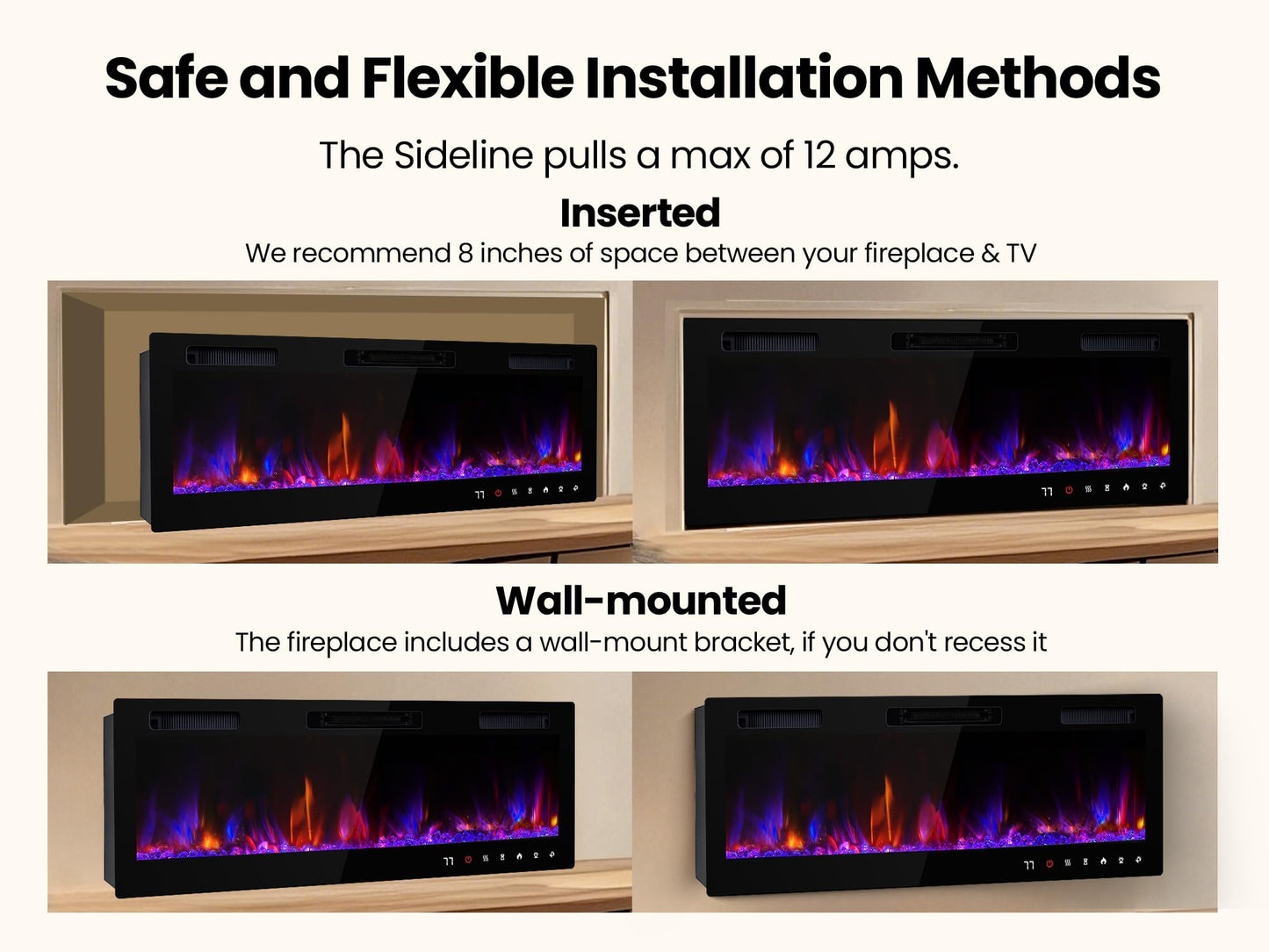 RealSmart Electric Fireplace Heater Inserts 60" Wall Mounted Electric Fireplace 750W/1500W in-Wall Recessed Heaters with Remote Control,Fit for 2 X 6 stub,12 Adjustable Color Flame & Brightness,Timer