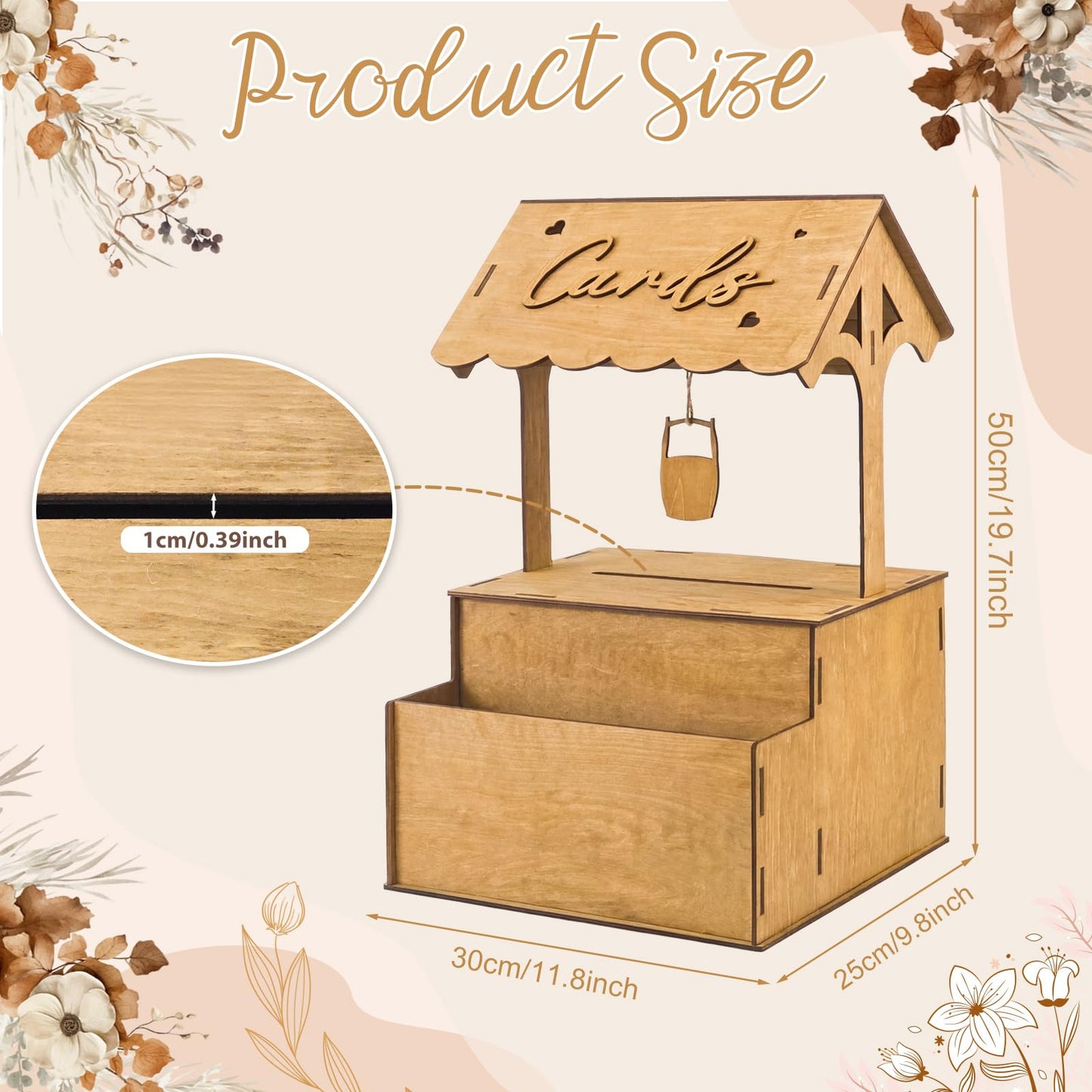 OurWarm Wooden Wishing Well Wedding Card Box with Lock & Flower Trough, Brown Wedding Card Boxes for Reception, Rustic Box for Cards at a Party for Birthday Graduation Baby Shower Reception Decor