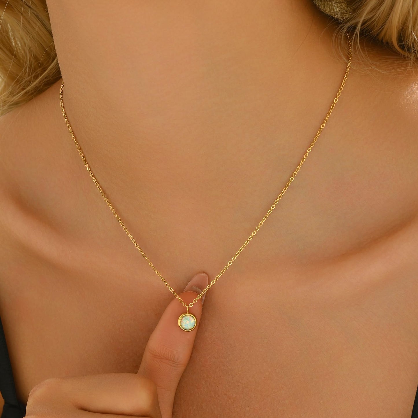 NONAMOIS 18K Gold Plated White Opal Pendant Necklace for Women Stainless Steel Dainty Gold Created Opal Choker Necklace Trendy Non Tarnish Jewelry