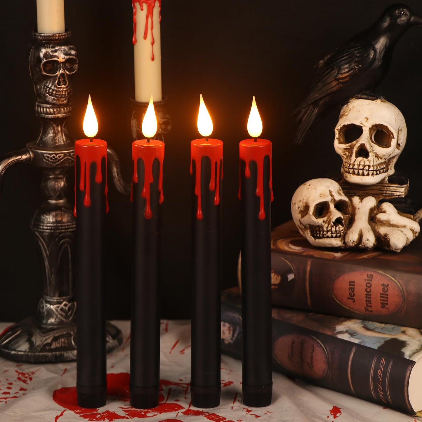 Eldnacele LED Flameless Taper Candles Battery Operated with Remote and Timer 3D Wick Flickering Blood Dripping Halloween Dinner Spooky Horror Home Decoration Set of 4 Black Candles, 0.78" x 8.9"""