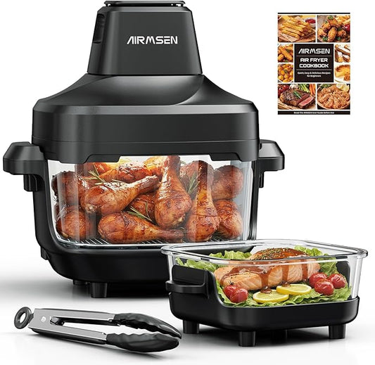 AIRMSEN Potable Glass Air Fryer Non-Toxic, 4.8QT & 1.3QT, 4 Presets & Manual Control, 140–450℉ Precise Heat, 95% Less Oil, Auto-Pause & Resume, Microwave & Dishwasher Safe