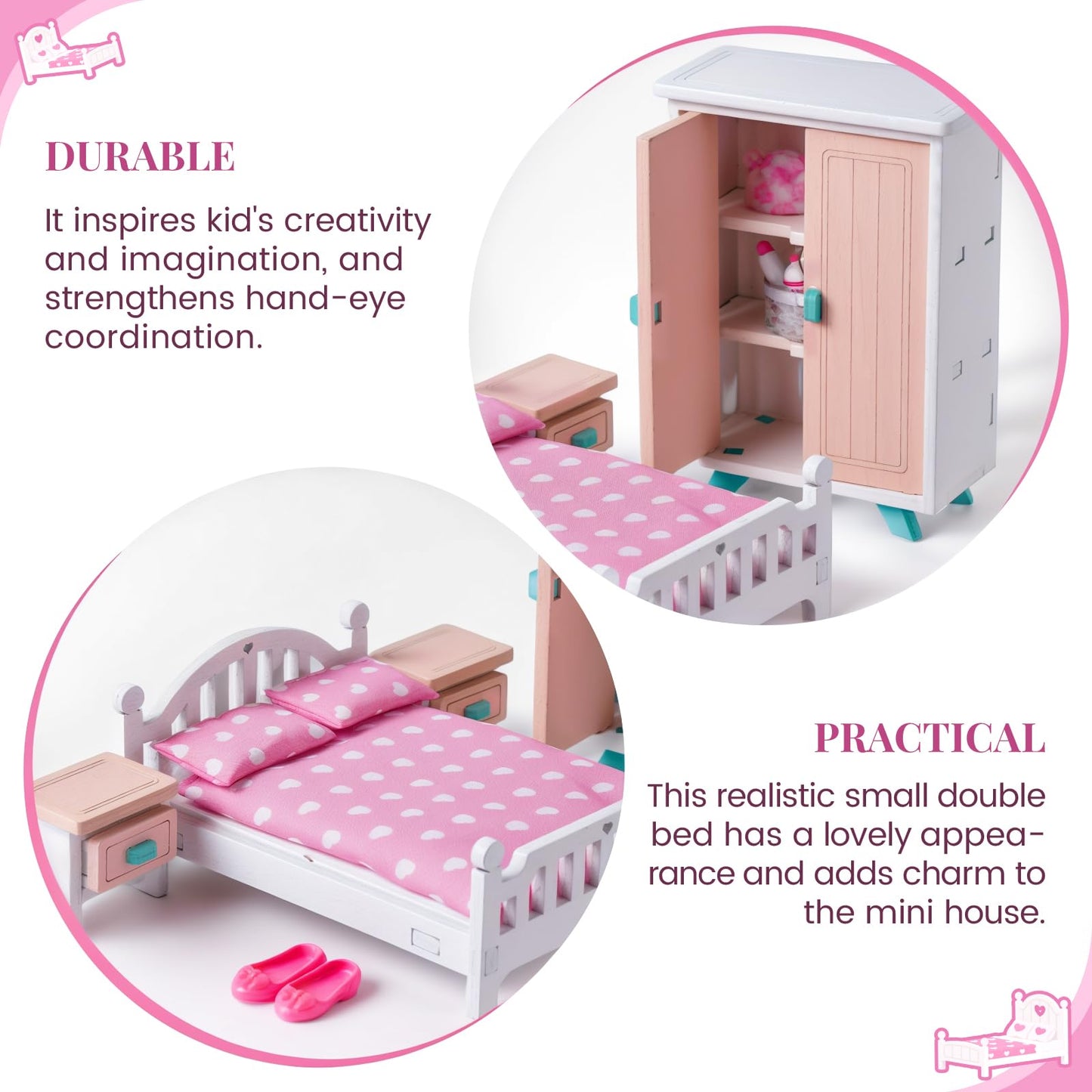 BABESIDE Mini Dollhouse Bedroom Furniture Set,7 PCS Pink Wooden Doll House Accessories for 3 Inch Dolls with Bed, Nightstands, Wardrobe, Pillows & Mattress – Gift for Girls, Kids Miniature Room Toy