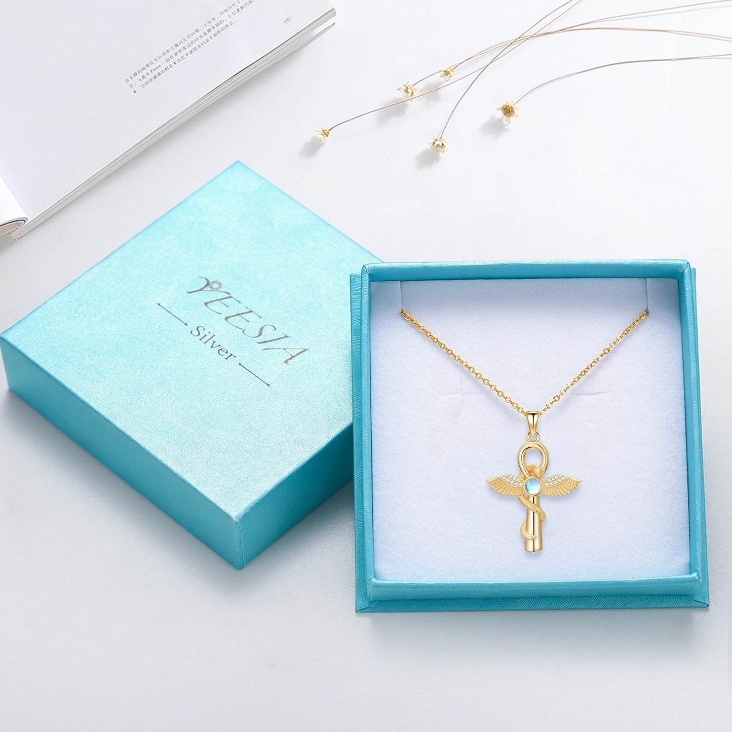 YEESIA Cross Necklace for Men Women, 925 Sterling Silver, Gold Anka Cross Pendant Necklace with Moonstone, Egyptian Protective Jewelry Gift for Men Women