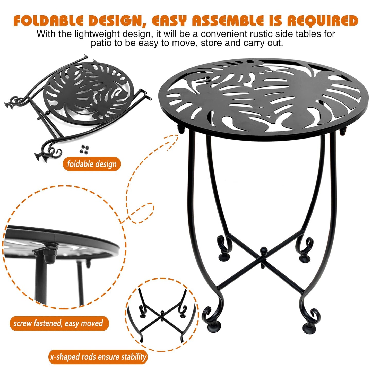 Plant Castle Outdoor Side Table for Small Spaces, 2 Pack 14 Inch Round Metal End Table for Patio Balcony Yard Porch, Anti-Rust Waterproof Accent Table for Indoor Outdoor Use, Easy Assembly