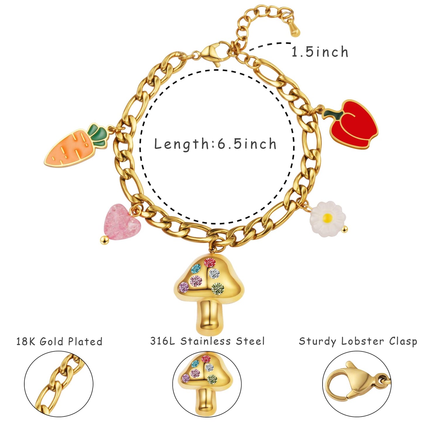 LCTrusttmor Gahna Mushroom Bracelets for Women, 18K Gold Plated Daisy Heart Carrot Red Bell Pepper Charms with Adjustable Chain Link for Women Jewelry Gifts