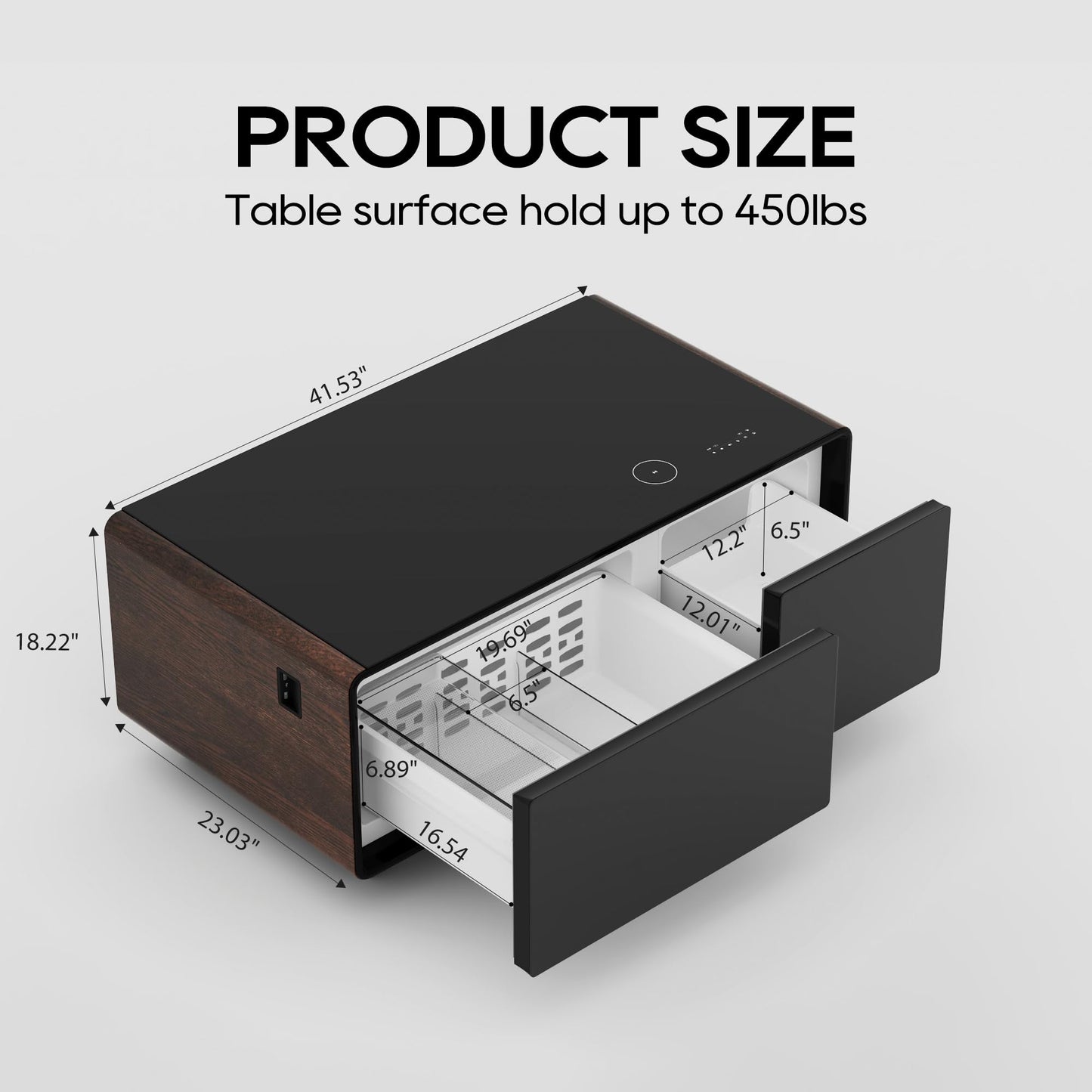 AXIOS Smart Coffee Table with Fridge Modern Smart Coffee Table with Built in Speakers and Wireless Charging for Living Room Table 23" D X 41.5" W X 18.2" H Dual USB and Type-C Charging Ports Brown