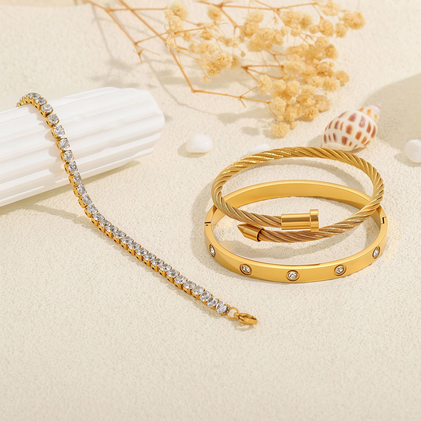 Camhanno Gold Bracelets for Women- 18K Gold Plated Stainless Steel Love Bangle, Nail & Tennis Bracelets Stack Set for Women with Gift Box |Accessories Designer Jewelry (Gold Bracelets)