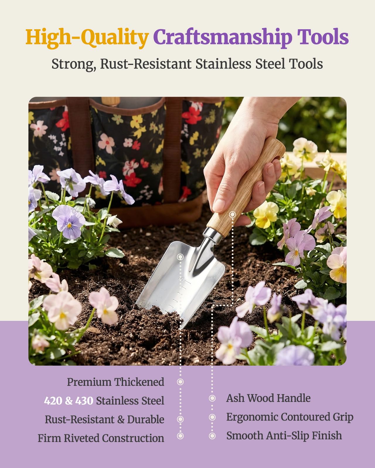 Floraxa 10-Piece Garden Tool Set, Heavy-Duty Stainless Steel Rust-Proof Gardening Tools with Ergonomic Wood Handles, Reinforced Organizer Handbag for Planting, Gardening Gift Set for Women, Mother