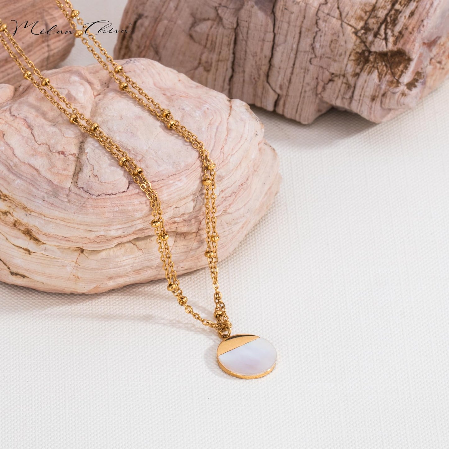 Milan Chiva 14K Gold Plated White Mother of pearl Layered Stacked Necklace for Women, Dainty Trendy Non Tarnish Circle Pendant Charm Necklaces Fashion Jewelry for Women Waterproof MNS-1008WT