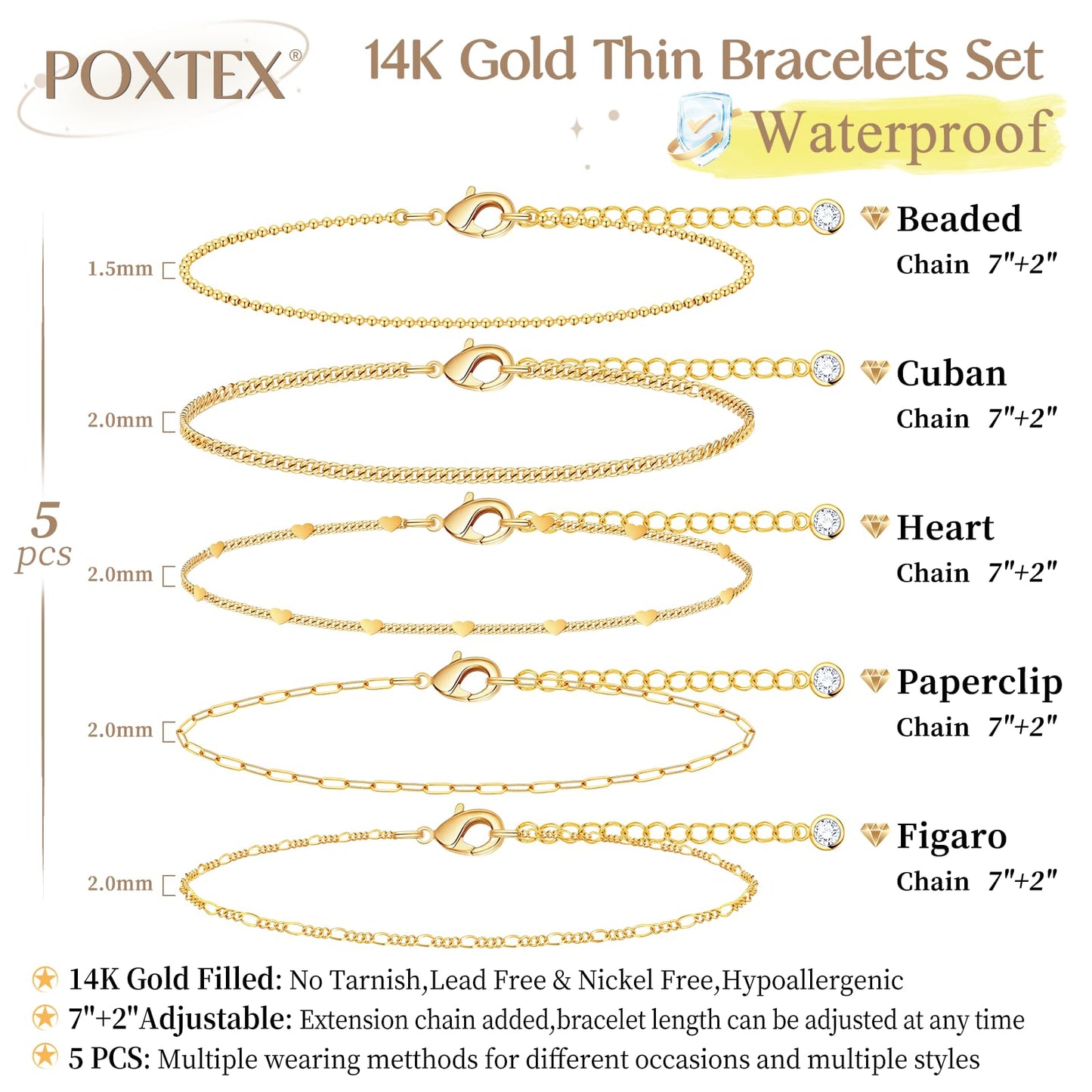Gold Bracelets for Women Waterproof, Gold Dainty Jewelry Sets Gifts for Women, Stackable Layered Simple Thin Beaded/Cuban/Paperclip/Heart/Figaro Bracelets for Women Fashion Accessories