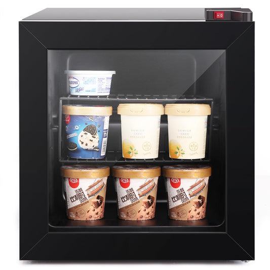 ADT Mini with Display Glass Door 1.1 Cu Ft Small Freezer with 2 Removable Shelves 7 Temperature Settings -8°F to 14°F Perfect for Liquor and Ice Cream