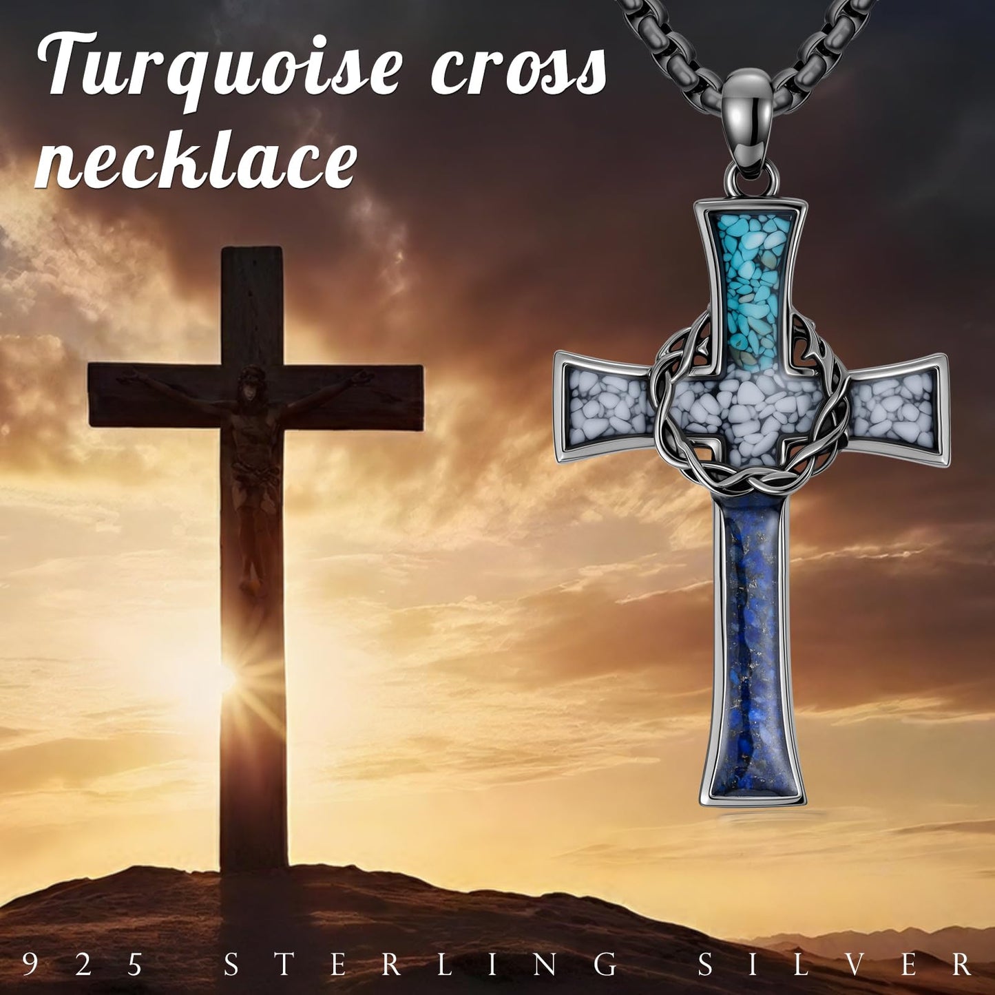 YEESIA Cross Necklace for Women Men, 925 Sterling Silver, Black Thorn Crown Cross Pendant Necklace with Turquoise, Christian Jewelry, Gift for Women Men