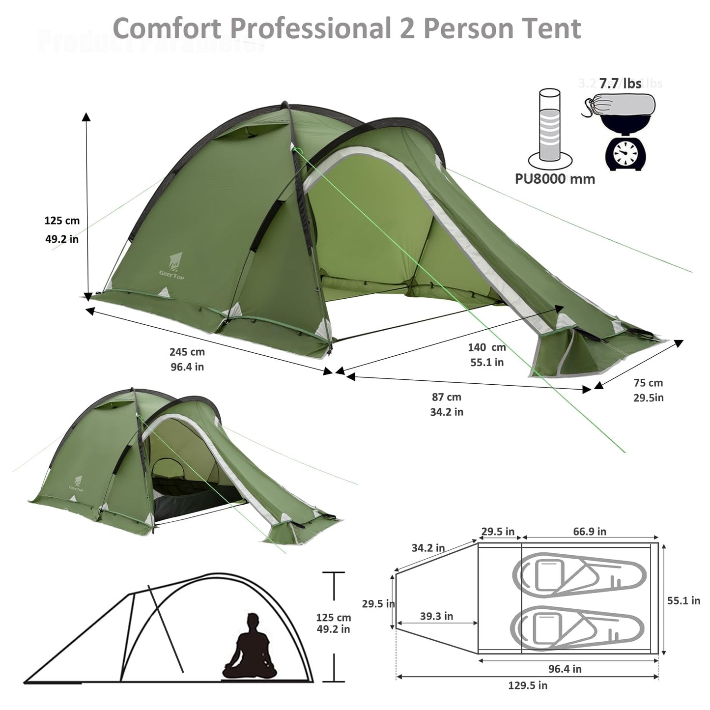 Geertop Portable 2 Person 4 Season Tent Waterproof Backpacking Tent Double Layer All Weather for Camping Hiking Travel Climbing Mountaineering - Easy Set Up (Green)
