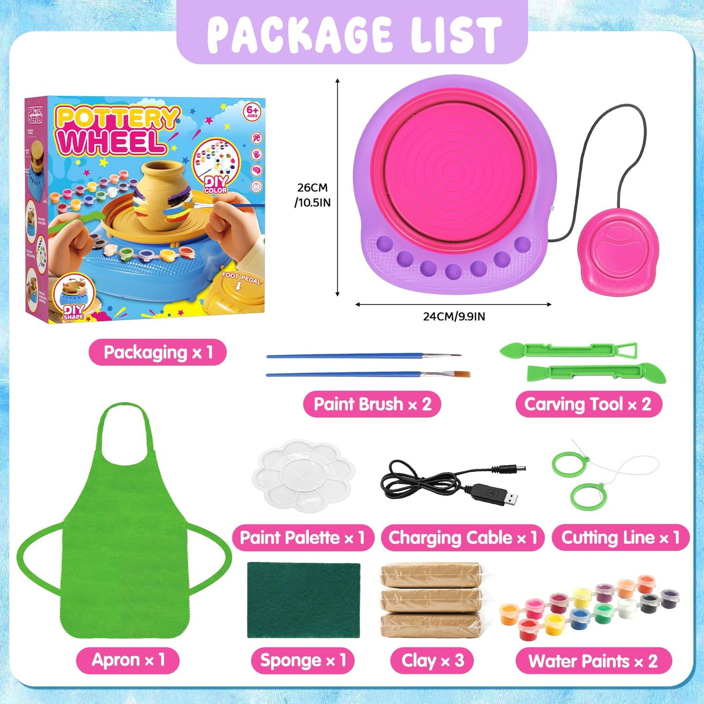 Pottery Wheel for Kids Complete DIY Pottery Painting Kit, Arts and Crafts for Kids Ages 8-12 with 3 Air-Dry Clay Packs and Tools, Art Supplies Toys Birthday Easter Gift for Boys Girls 6+ Years Old