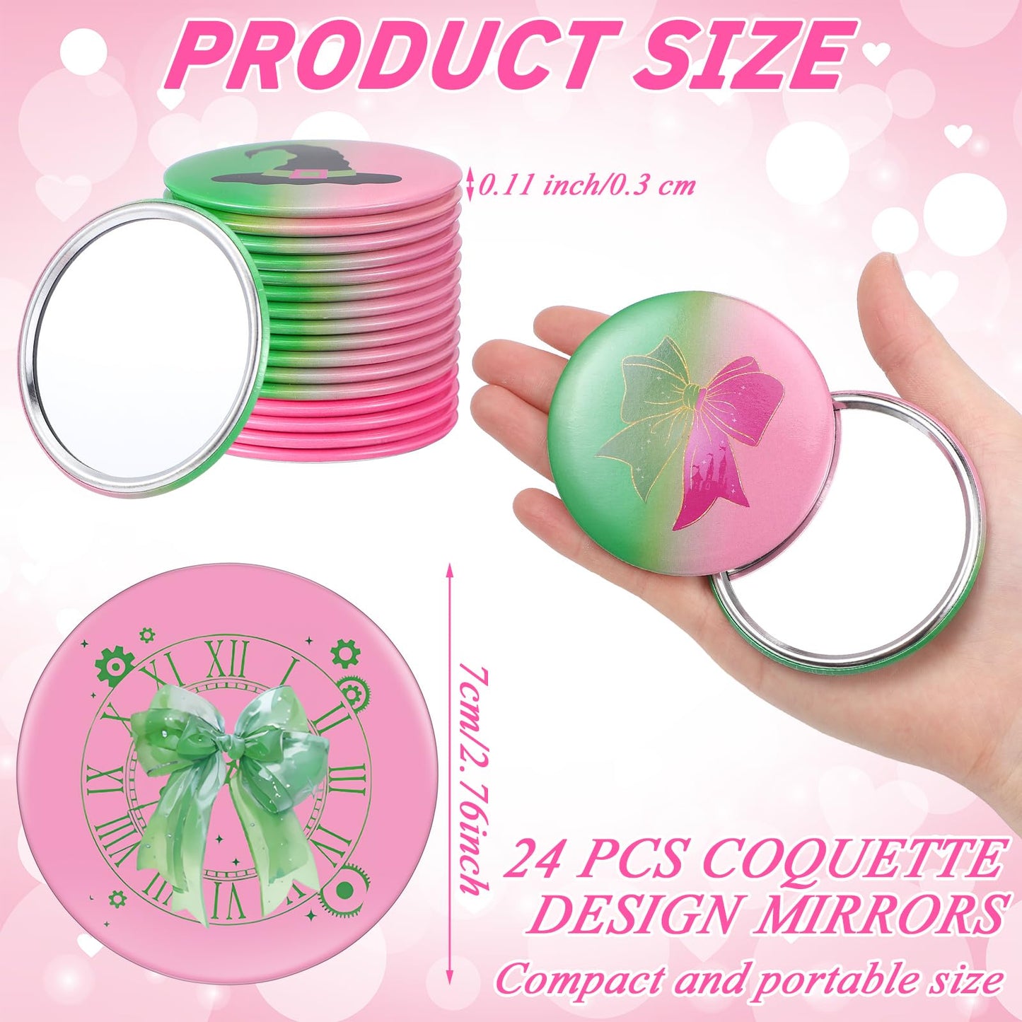 Marsui 24 Pcs Green and Pink Birthday Party Favors Witch Gifts for Girl Women Bulk Witch Mini Compact Mirror 2.76 Inch Portable Pocket Makeup Mirror for Goody Bags Stuffer Bridal Travel Friends