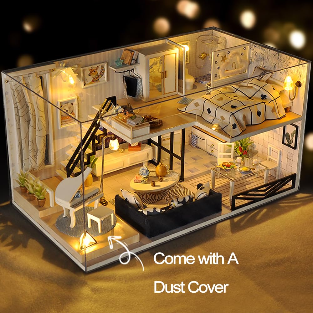 DIY Miniature Dollhouse Kit, Mini House Making Kit with Furnitures and Dust Cover, Tiny House Kit to Build for Adults, Hobby Craft Gift for Christmas Day, Loft House