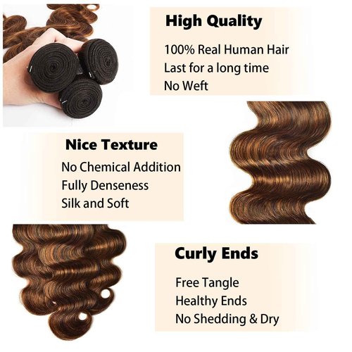 Fabimiya Human Hair Bundles 16 18 20 Inch Chocolate Brown P4/30 Body Wave Bundles Human Hair 100% Unprocessed Soft Sewn In Hair with Double Weft for Black Women