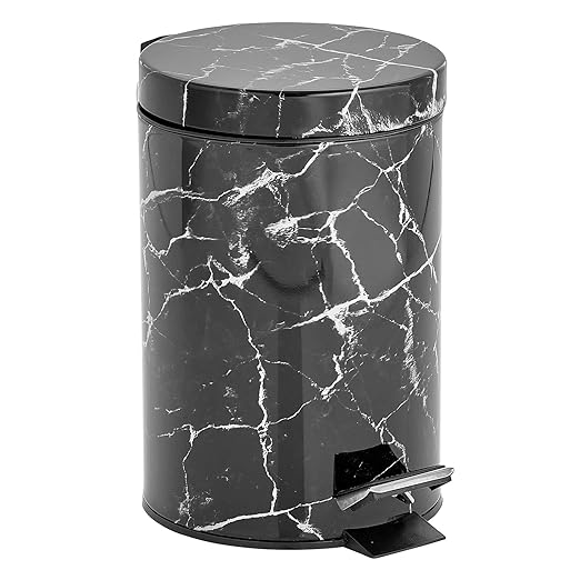 mDesign Extra Small Modern 3-Liter/.7 Gallon Round Metal Lidded Step Trash Can, Compact Garbage Bin with Removable Liner Bucket and Handle for Bathroom, Kitchen, Office, Garage - Black Marble Print