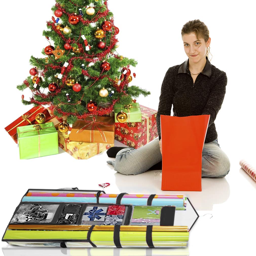 ProPik Hanging Double-Sided Gift Wrap Organizer, Wrapping Paper Storage with Multiple Front and Back Pockets, Organize Your Gift Bags Bows Ribbons 40”X17" Fits 40 Inch Rolls (Black seam)