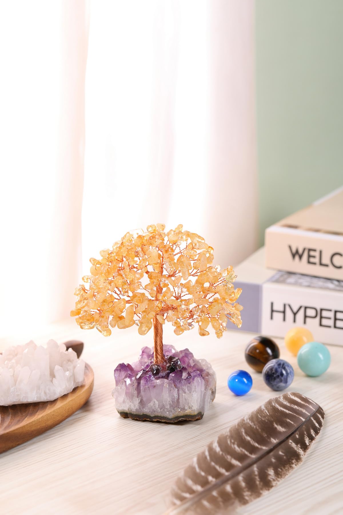 Jovivi Natural Citrine Healing Crystal Money Tree on Amethyst Cluster Geode Druzy Base Feng Shui Crystals for Home Office Desk Decorations, Wealth, Good Luck