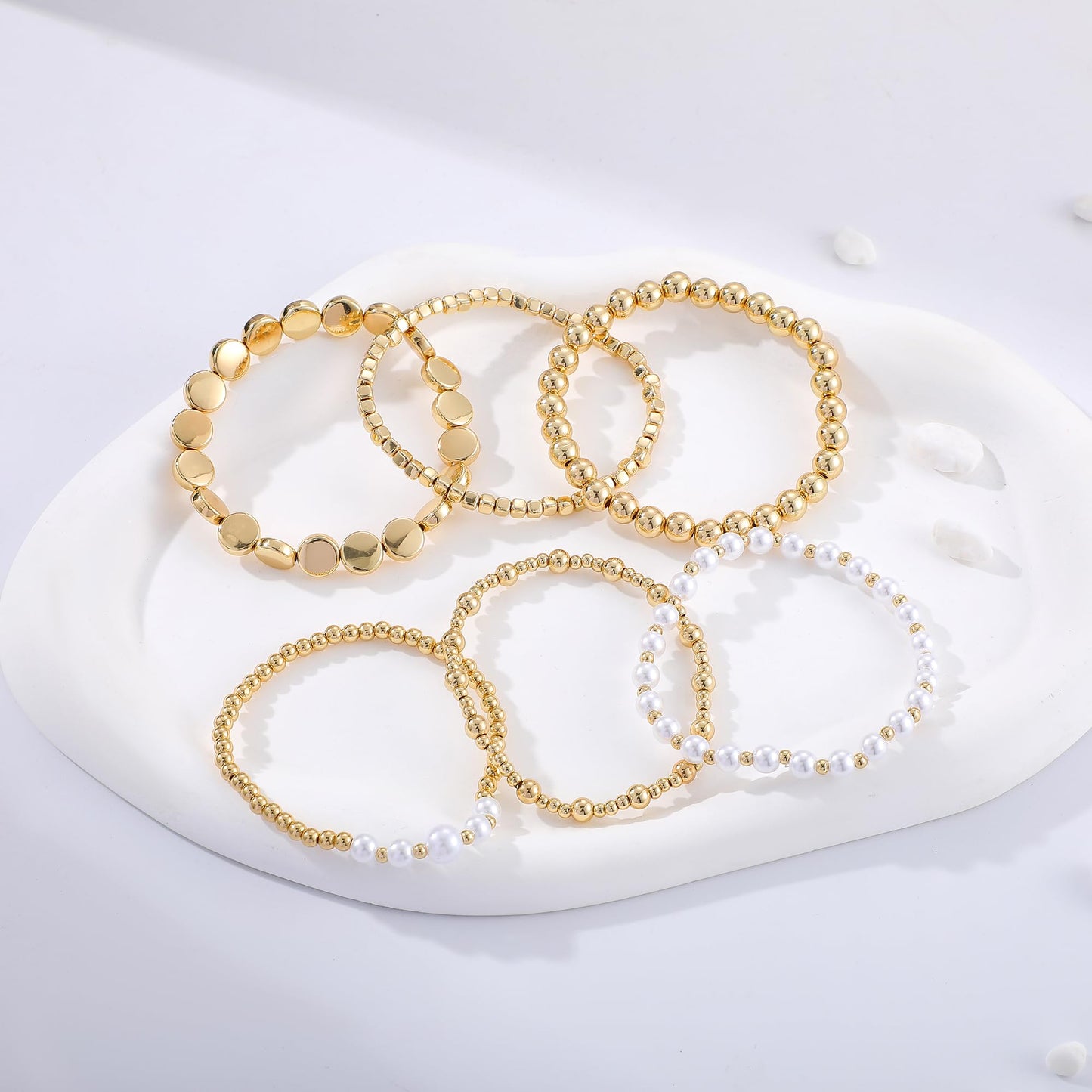 Sajidos Gold Plated Beaded Bracelets for Women Trendy, 14K Gold Plated Stack Cross Pearl Gold Plated Bead Stretch Bracelets Set Elastic Hypoallergenic Bracelets Jewelry Gifts (style12-2)