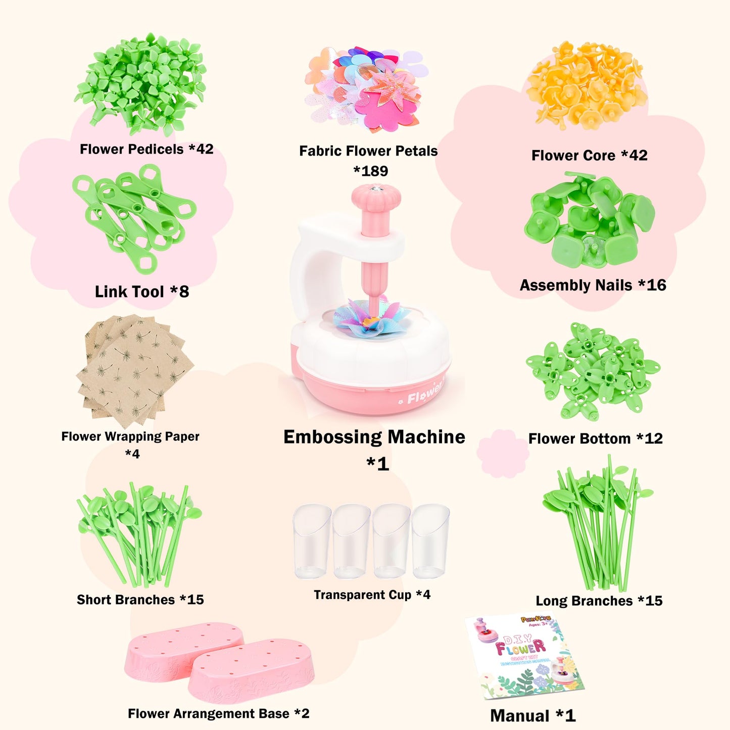PERRYHOME Fabric Flower Bouquets Toys, 300+ Pcs Birthday Gift Activity Kit, 2 Gameplays STEM Craft for Kids, Reusable DIY Bouquets Maker Mothers Day Gifts for 3 4 5 6 7 8 Years Toddler Girl Gift