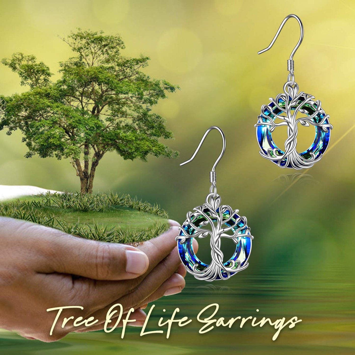 TOUPOP Tree of Life Earrings for Women Sterling Silver Family Tree Drop Dangle Earrings Blue Circle Crystal Jewelry Birthday Mothers Day Gifts for Women Mom Her