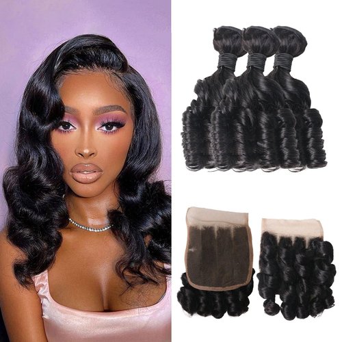 ManeMajesty 12A Real Brazilian Curly Human Hair Bundles 3 Pcs 12 Inch Bundle with 4x4 Lace Closure 100% Unprocessed Brazilian Virgin Human Hair Vogue Curly Extensions for Black Women Natural Color